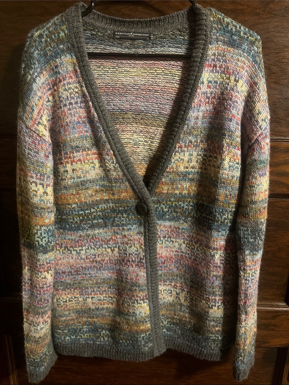 Peruvian Connection Multi-Color V-Neck Single-Button Cardigan 100% Alpaca